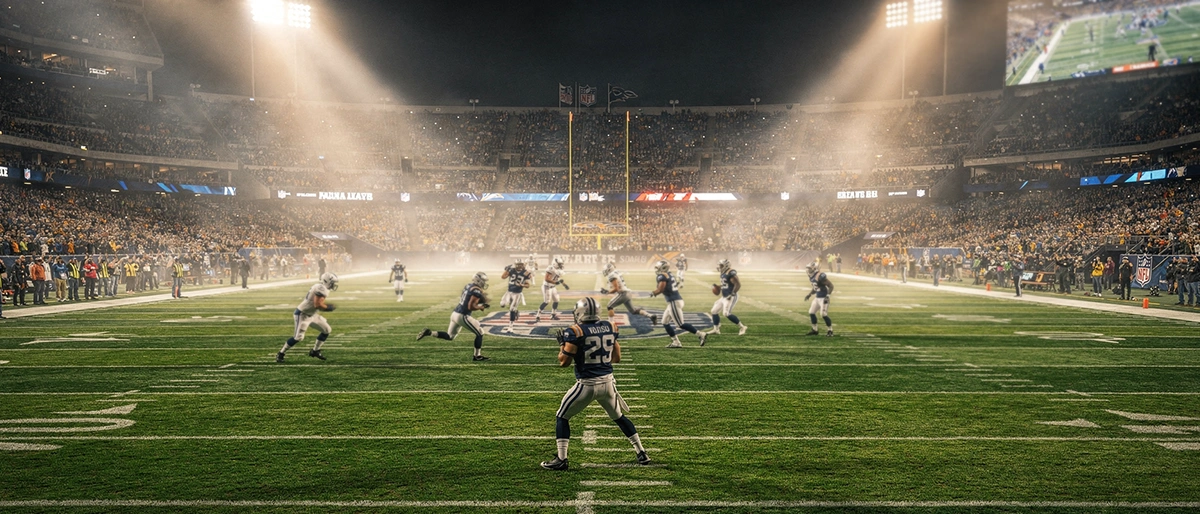 Beleuchtetes American-Football-Stadion bei Nacht mit Rasenfeld und Flutlicht