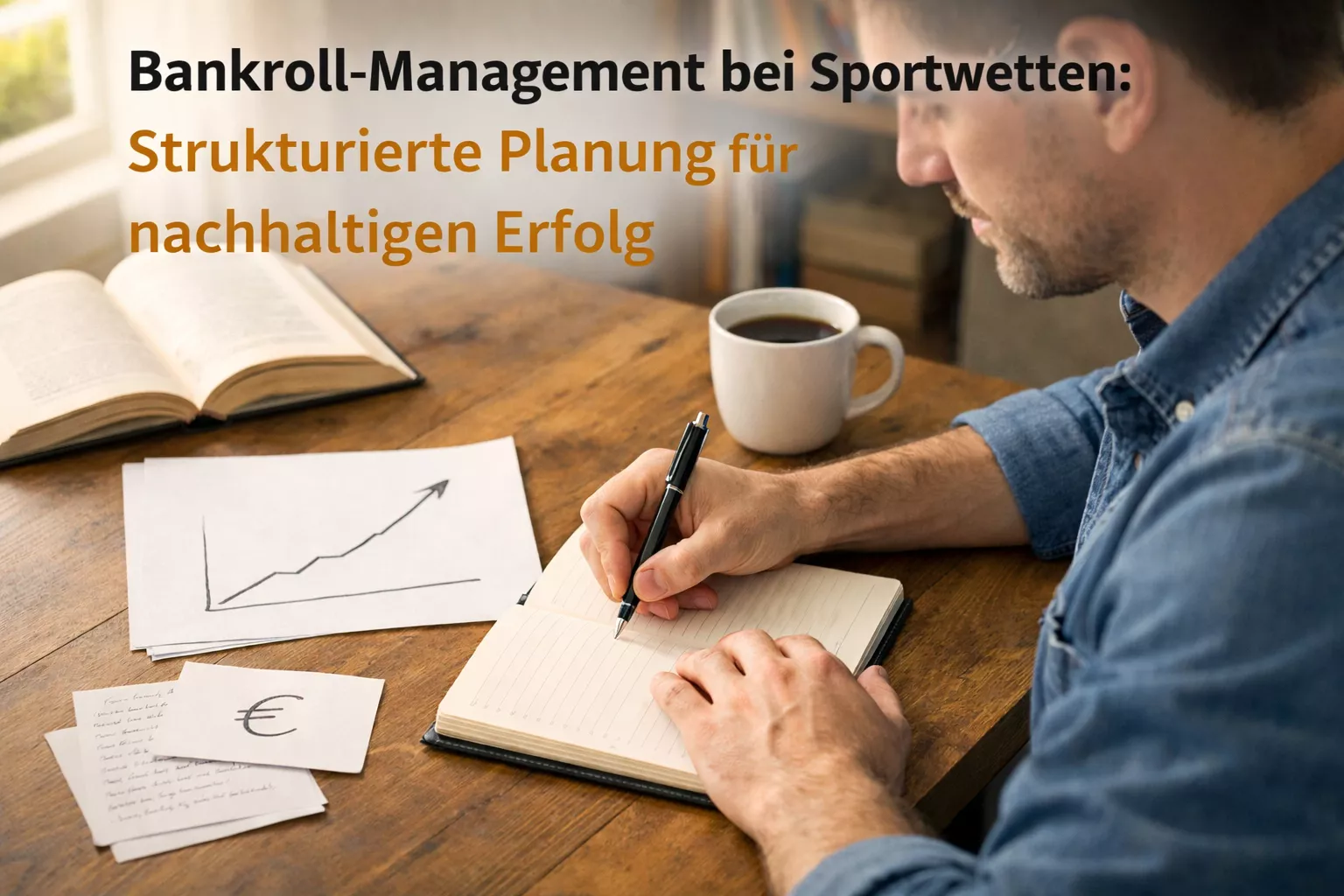 Person sitzt am Schreibtisch und plant ein Budget in einem Notizbuch mit Stift und Taschenrechner-Symbol