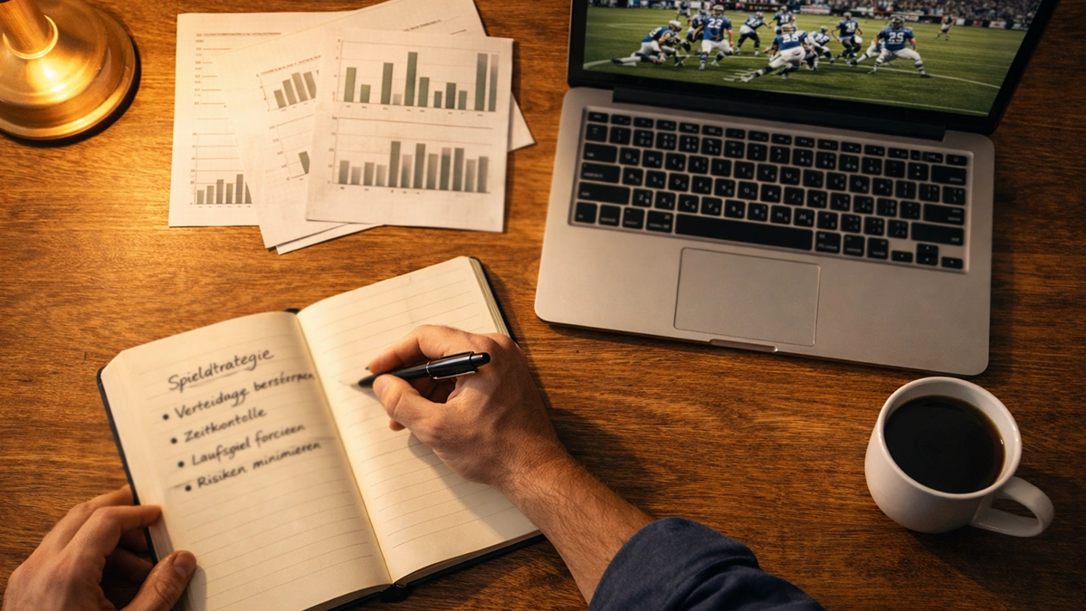 Person notiert Wett-Strategien in einem Notizbuch neben einem Laptop mit Football-Spiel