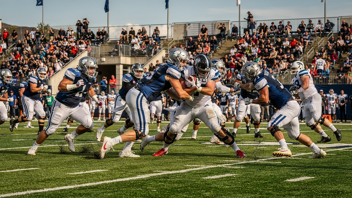 American-Football-Spieler in europäischer Liga-Ausrüstung auf einem Spielfeld