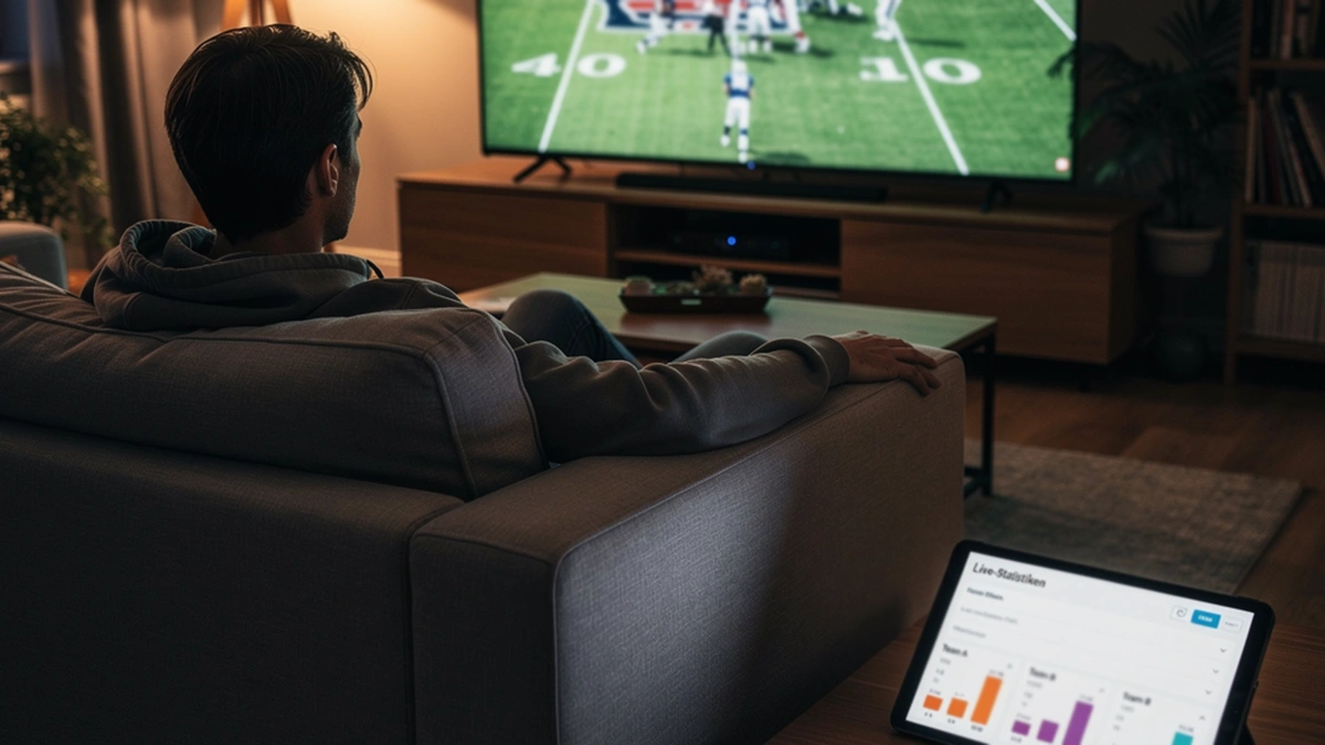 Zuschauer verfolgt ein American-Football-Spiel auf einem Bildschirm mit Live-Statistiken