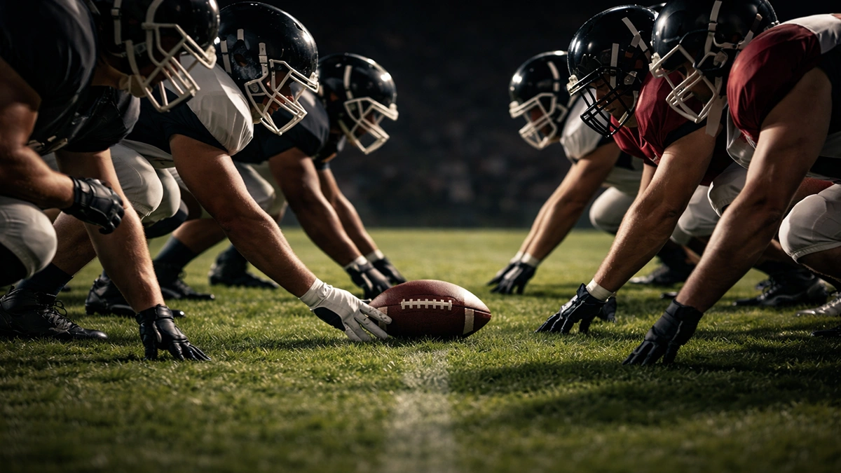 Nahaufnahme eines American-Football-Spielzugs an der Line of Scrimmage auf Rasen