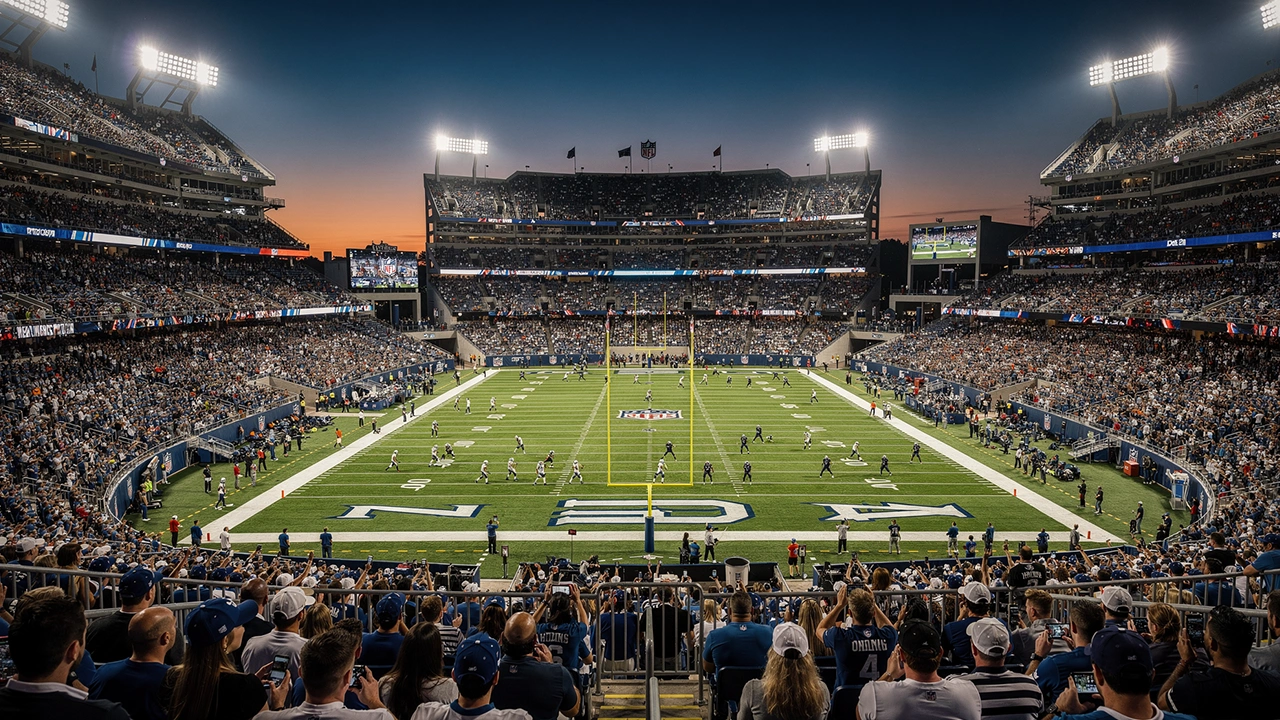 Blick in ein volles NFL-Stadion bei Abendlicht mit American-Football-Spielfeld und Flutlichtmasten