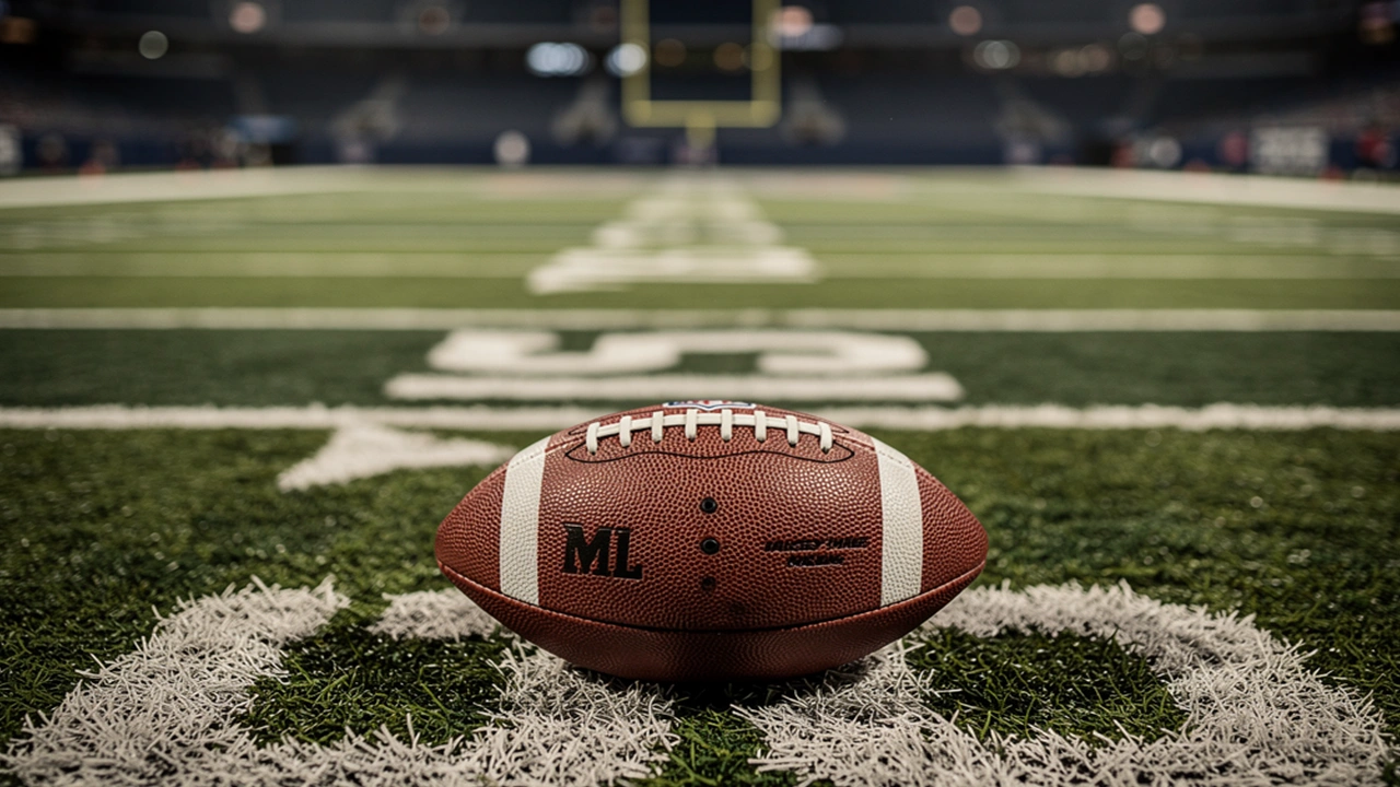 American-Football-Spielfeld aus der Nähe mit Yard-Linien und Rasen unter Flutlicht bei einem NFL-Spiel