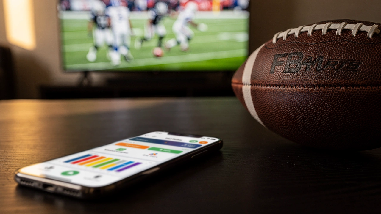 Smartphone mit einer Sportwetten-App auf einem Tisch neben einem American Football bei Abendlicht